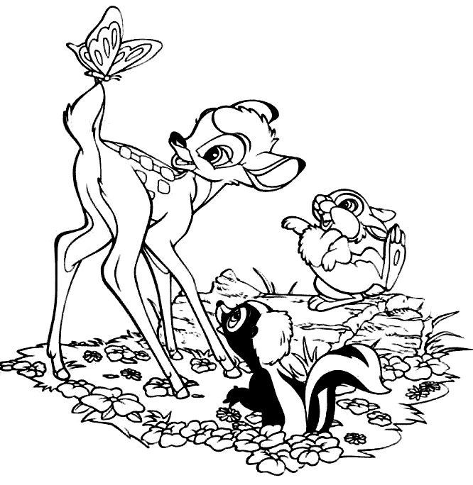 Bambi z leśnymi przyjaciółmi Bambi z Tuptusiem, Kwiatkiem i motylem na leśnej polanie - kolorowanka do druku