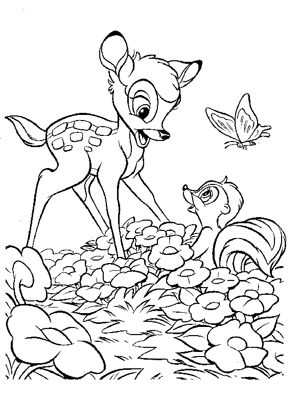 Bambi, wiewiórka i motyl Bambi ze wiewiórką i motylem pośród kwiatów - kolorowanka do druku