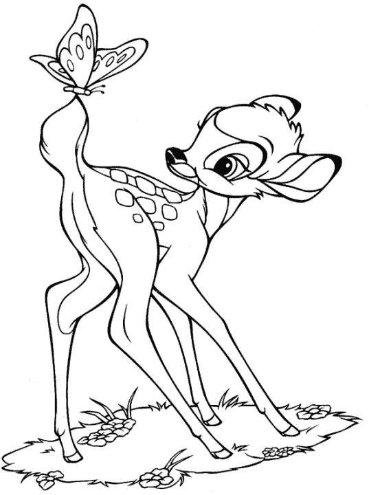 Motyl na ogonie Bambiego Bambi oglądający motyla siedzącego na jego ogonie - kolorowanka do druku