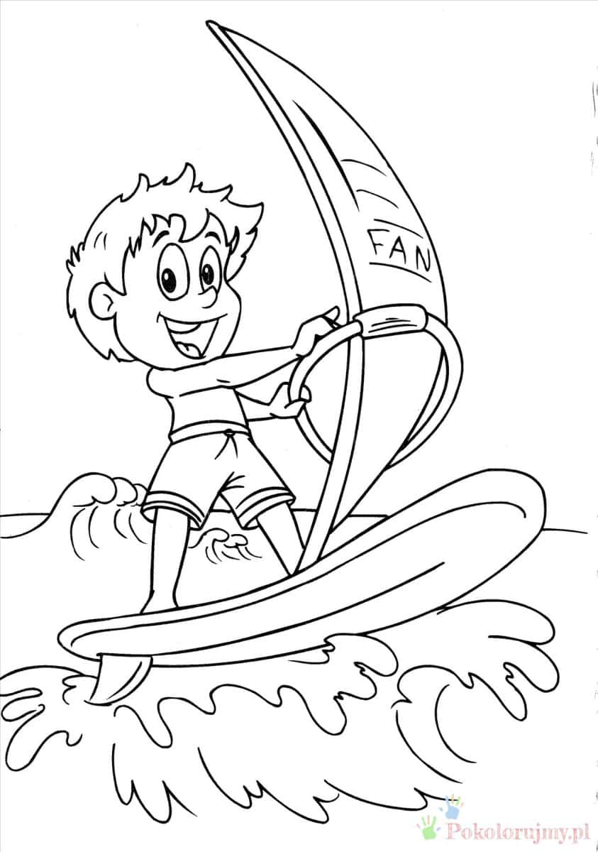 Windsurfing - kolorowanka Chłopiec na desce windsurfingowej - kolorowanka do druku