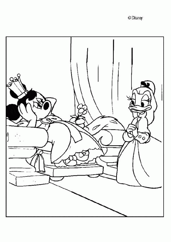 Daisy i Minnie w pokoju Daisy odwiedzająca Minnie leżącą w łóżku - kolorowanka