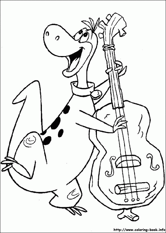 Dino i muzyka - kolorowanka Flinstonowie Dino przy dużym instrumencie strunowym - kolorowanka