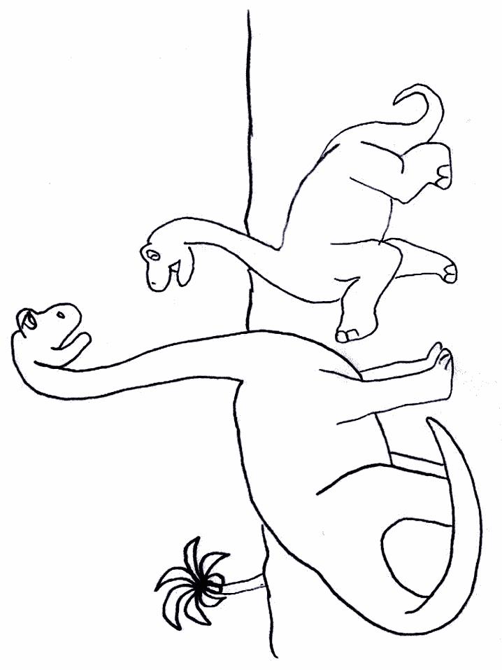 Długoszyi bajkowy dinozaur pochylony nad małym pająkiem - kolorowanka