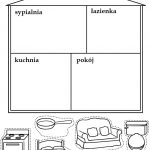 Kolorowanka domu z podziałem na pomieszczenia i meble dla dzieci.