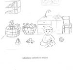 Kolorowanka z dzieckiem bawiącym się w pokoju dziecięcym.