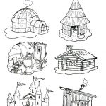 Zestaw kolorowanek z domami: igloo, chatka, zamek, domek, stodoła.
