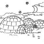Prosty rysunek igloo nocą z księżycem i gwiazdami do kolorowania.