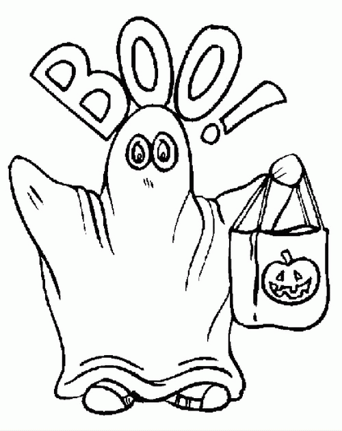 Duch BOO z torbą Halloween - kolorowanka Duch BOO z torbą Halloween - kolorowanka do druku