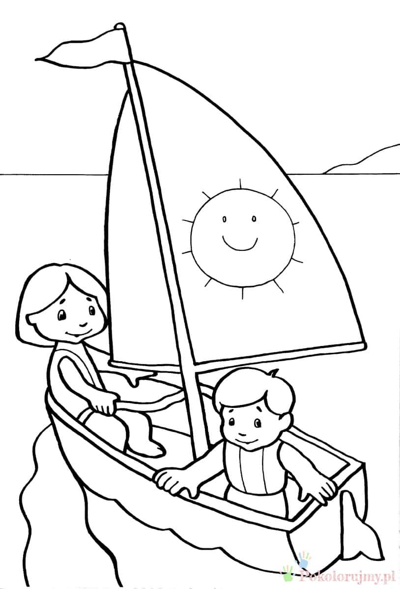 Dzieci na żaglówce - kolorowanka Dwoje dzieci płynących żaglówką - kolorowanka do druku