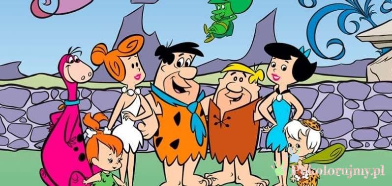 Flintstonowie - Fred, Wilma, Barney i Betty na kolorowej ilustracji