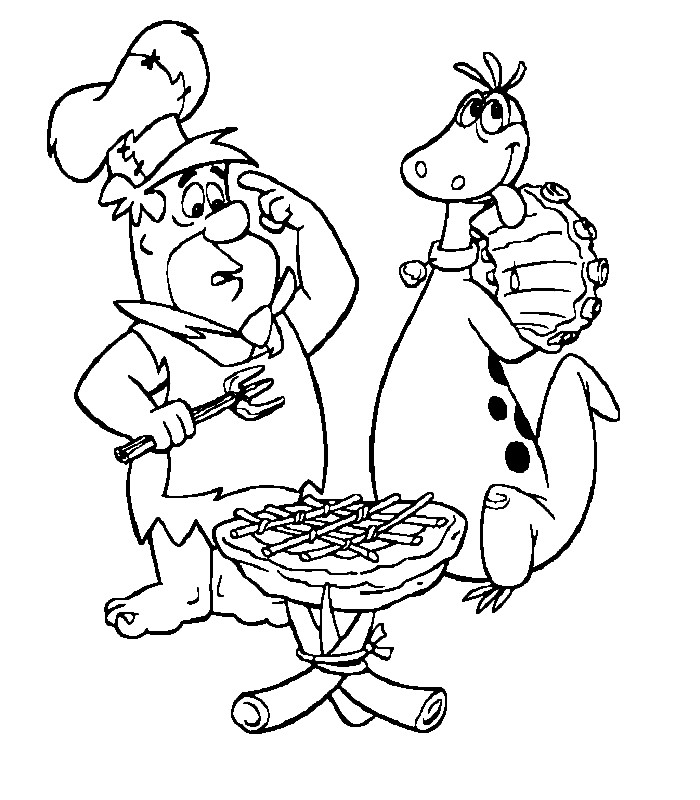Fred i Dino przy grillu - kolorowanka Fred przygotowuje jedzenie na grillu z Dino - kolorowanka