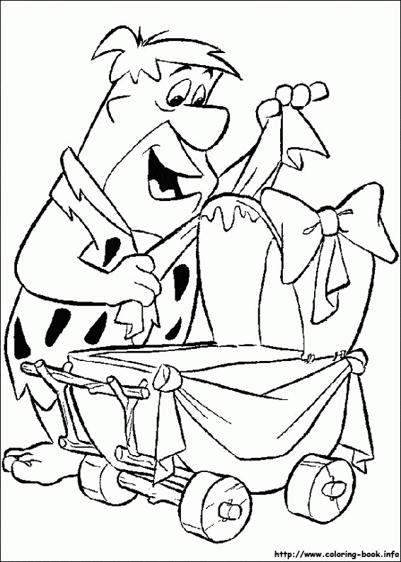 Fred z wózkiem - kolorowanka Flinstonowie Fred Flintstone pcha dziecięcy wózek - kolorowanka