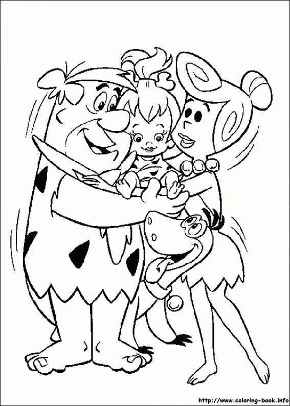 Rodzinny uścisk Flintstonów - kolorowanka Fred i Wilma przytulają Pebbles - kolorowanka