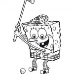 SpongeBob z kijem golfowym, do druku i kolorowania dla dzieci.
