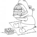 Hipopotam trzymający burger do kolorowania dla dzieci.