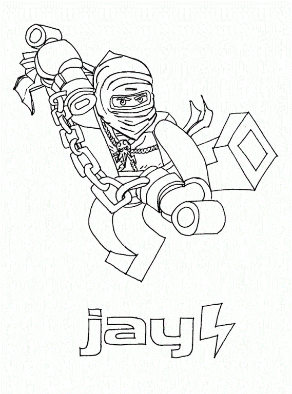 Jay w dynamicznym ataku - kolorowanka LEGO Ninjago Jay z LEGO Ninjago w skoku z bronią na łańcuchu - kolorowanka