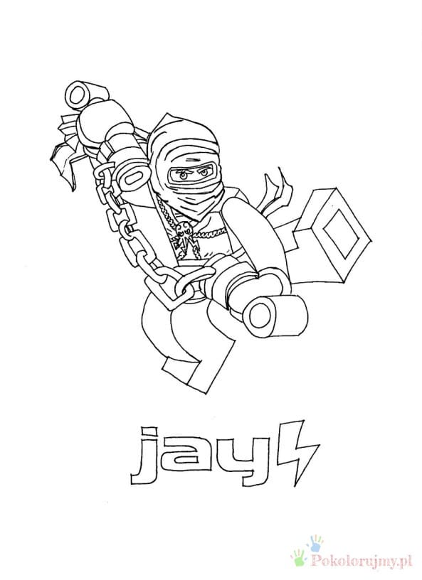 Jay z nunchaku - kolorowanka Ninjago Jay z LEGO Ninjago z nunchaku i symbolem błyskawicy - kolorowanka