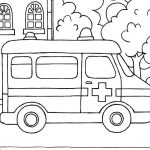 Dziecięca kolorowanka ambulansu z symbolem medycznym.