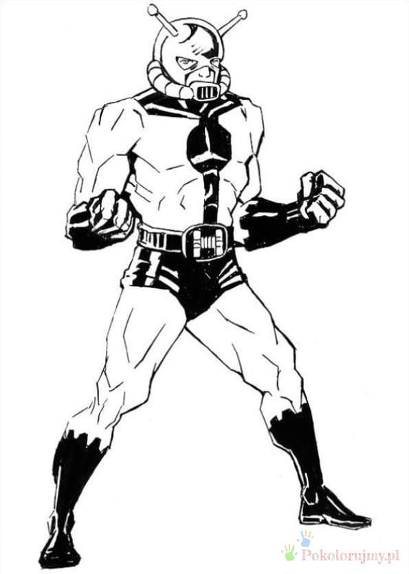 Klasyczny komiksowy Ant-Man Klasyczna komiksowa wersja Ant-Mana stojąca w bojowej pozie - kolorowanka