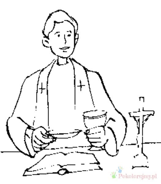 Ksiądz i kielich - kolorowanka religijna Ksiądz przy ołtarzu trzymający kielich - kolorowanka