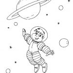 Dziecko w skafandrze kosmicznym w przestrzeni z planetami i gwiazdami.