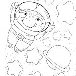 Kosmonauta w przestrzeni z planetami i gwiazdami do kolorowania.