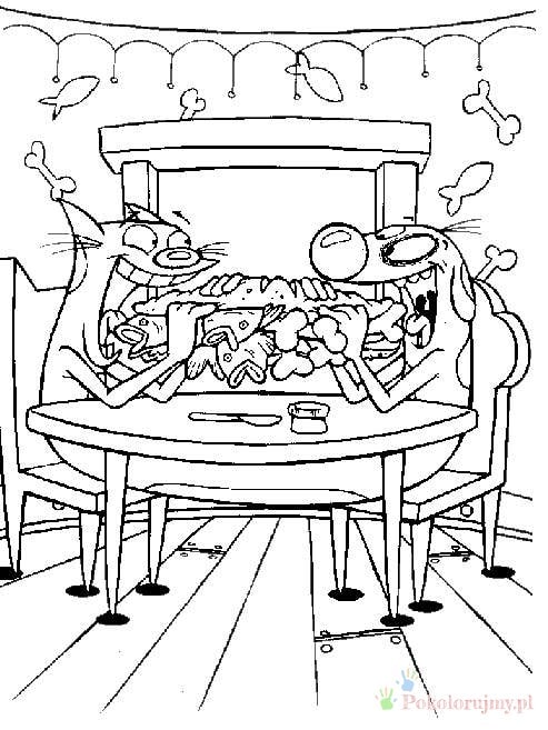 Kotopies przy stole pełnym jedzenia Kot i Pies siedzący po przeciwnych stronach stołu pełnego jedzenia - kolorowanka Kotopies