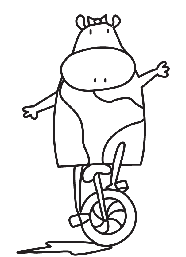 Krowa na monocyklu - kolorowanka Bajkowa krowa jadąca na monocyklu - kolorowanka