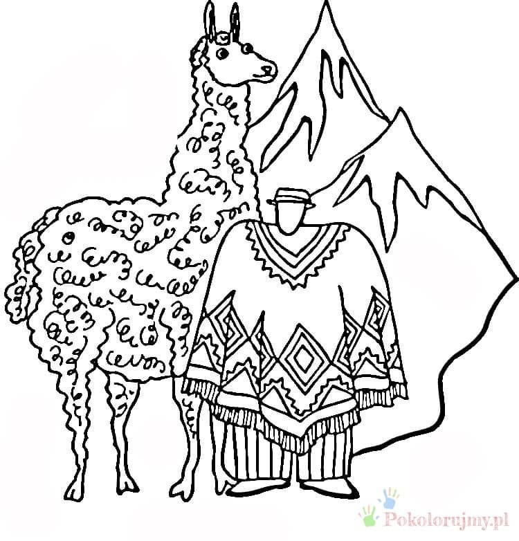 Lama, ponczo i góry - kolorowanka Lama obok postaci w ponczu na tle gór - kolorowanka