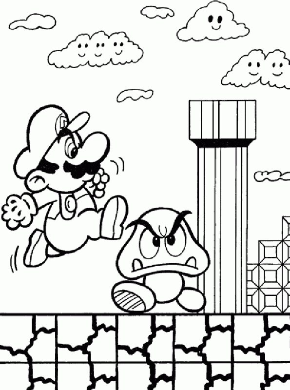 Mario, Goomba i rura Mario skaczący obok Goomba i zielonej rury - kolorowanka