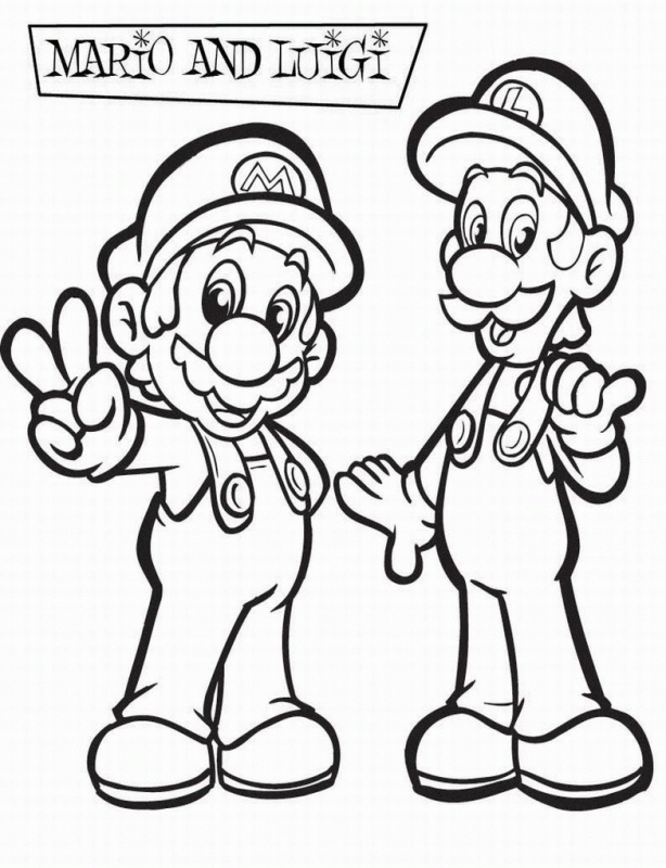 Mario and Luigi Mario i Luigi stoją razem pod napisem Mario and Luigi - kolorowanka