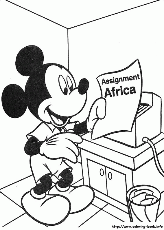 Mickey przygotowuje się do wyprawy do Afryki - kolorowanka Myszka Mickey czyta dokument Assignment Africa - kolorowanka