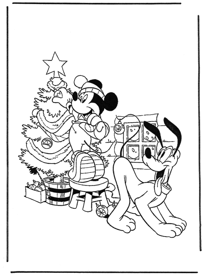 Mickey i Pluto ubierają choinkę - kolorowanka Myszka Mickey i Pluto przy choince - kolorowanka świąteczna