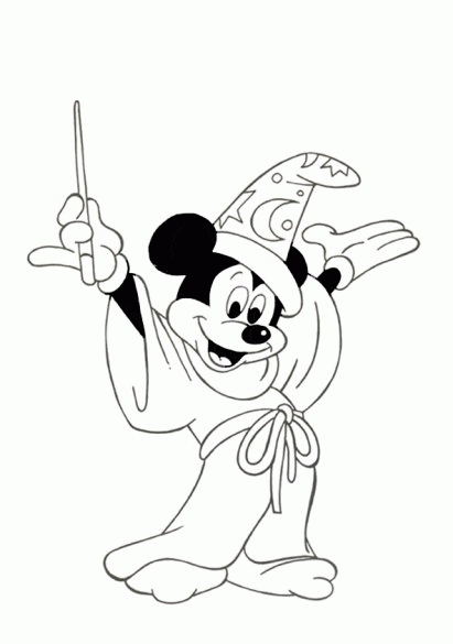 Mickey czarodziej - kolorowanka do druku Myszka Mickey jako czarodziej z różdżką - kolorowanka