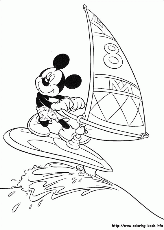 Mickey na windsurfingu - kolorowanka Myszka Mickey płynie na desce z żaglem - kolorowanka