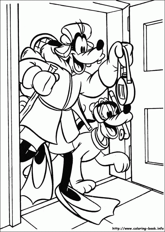 Goofy i Max przy drzwiach - kolorowanka Goofy i Max przy drzwiach w sportowych strojach - kolorowanka