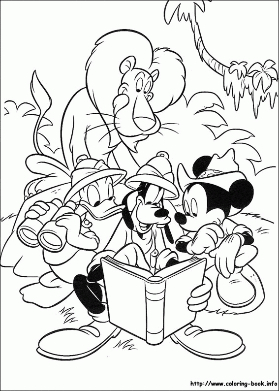 Mickey i Goofy z mapą w dżungli - kolorowanka Myszka Mickey i Goofy czytają mapę przy małpie - kolorowanka