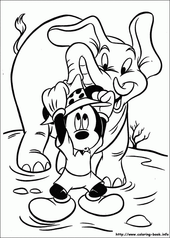 Mickey i słoń na safari - kolorowanka Myszka Mickey w kapeluszu safari ze słoniem - kolorowanka