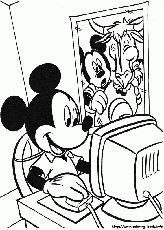 Mickey przy komputerze z Minnie i Goofym - kolorowanka Myszka Mickey przy komputerze, Minnie i Goofy w tle - kolorowanka
