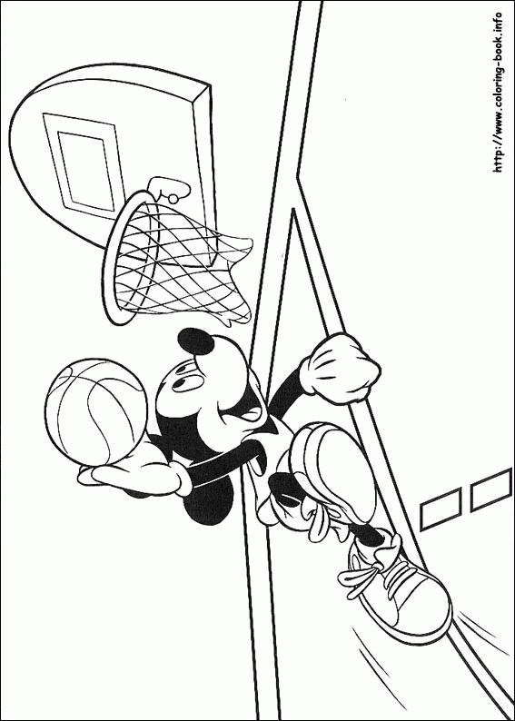 Mickey gra w koszykówkę - kolorowanka Myszka Mickey rzuca piłkę do kosza - kolorowanka