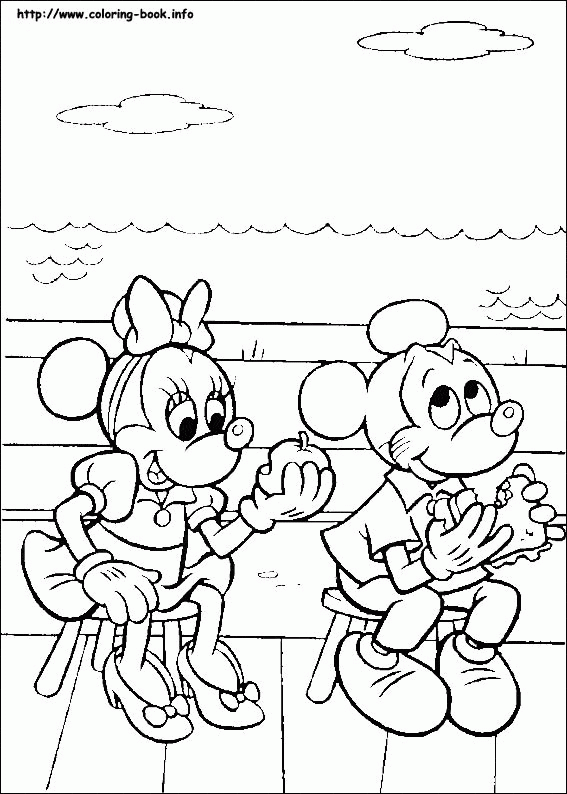 Mickey i Minnie na ławce - kolorowanka Myszka Mickey i Minnie jedzą kanapki na ławce - kolorowanka