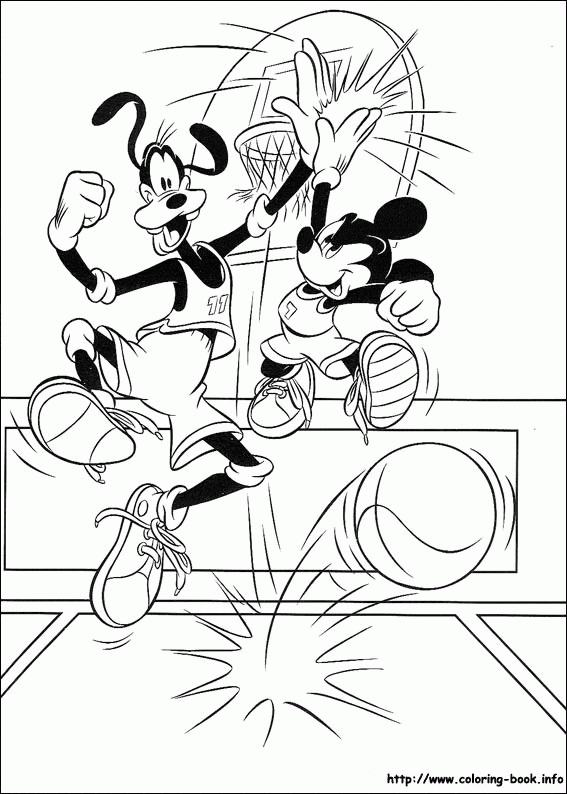 Mickey i Goofy na boisku - kolorowanka Myszka Mickey i Goofy grają w koszykówkę - kolorowanka