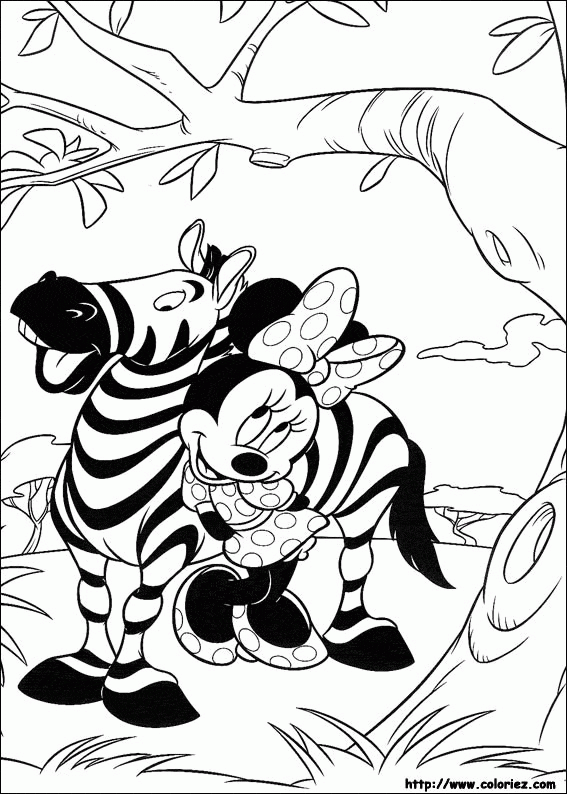 Minnie i zebra - kolorowanka Myszka Minnie obejmuje zebrę - kolorowanka safari