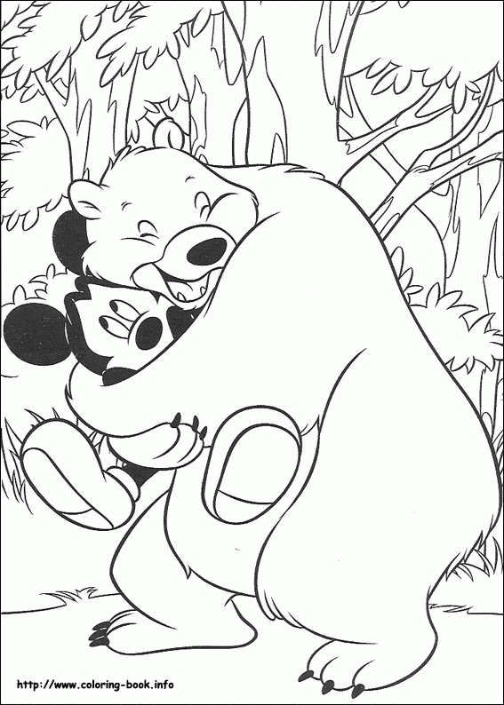 Mickey i niedźwiedź - kolorowanka Myszka Mickey przytulana przez niedźwiedzia - kolorowanka