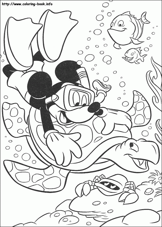 Mickey pod wodą z żółwiem - kolorowanka Myszka Mickey nurkuje z żółwiem morskim - kolorowanka