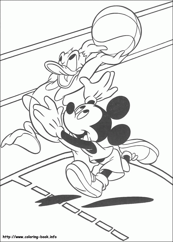 Mickey i Donald z piłką do koszykówki - kolorowanka Myszka Mickey i Kaczor Donald grają w koszykówkę - kolorowanka