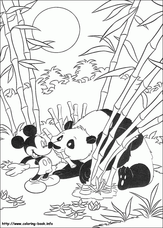 Mickey z pandą - kolorowanka Myszka Mickey i panda wśród bambusów - kolorowanka