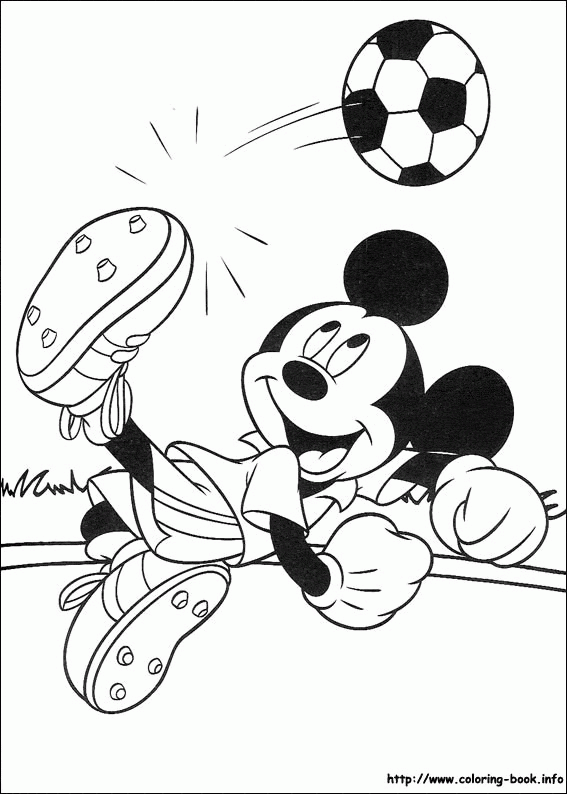 Mickey gra w piłkę nożną - kolorowanka Myszka Mickey wykonuje przewrotkę z piłką nożną - kolorowanka