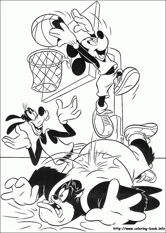 Mickey robi wsad do kosza - kolorowanka Myszka Mickey robi wsad do kosza przy Goofym i Pluto - kolorowanka