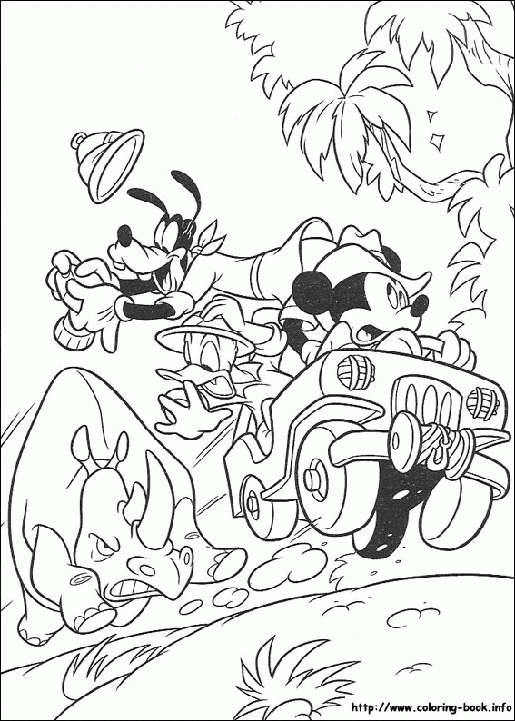 Mickey, Goofy i nosorożec na safari - kolorowanka Myszka Mickey i Goofy uciekają jeepem przed nosorożcem - kolorowanka